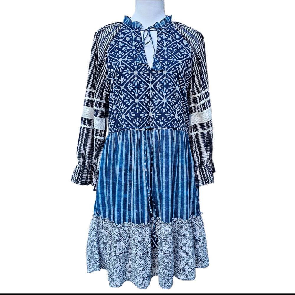 Tier Patchwork Dress Susan Tunic Hemant & Nandita Anthro Size S Blue Ruffle Lace